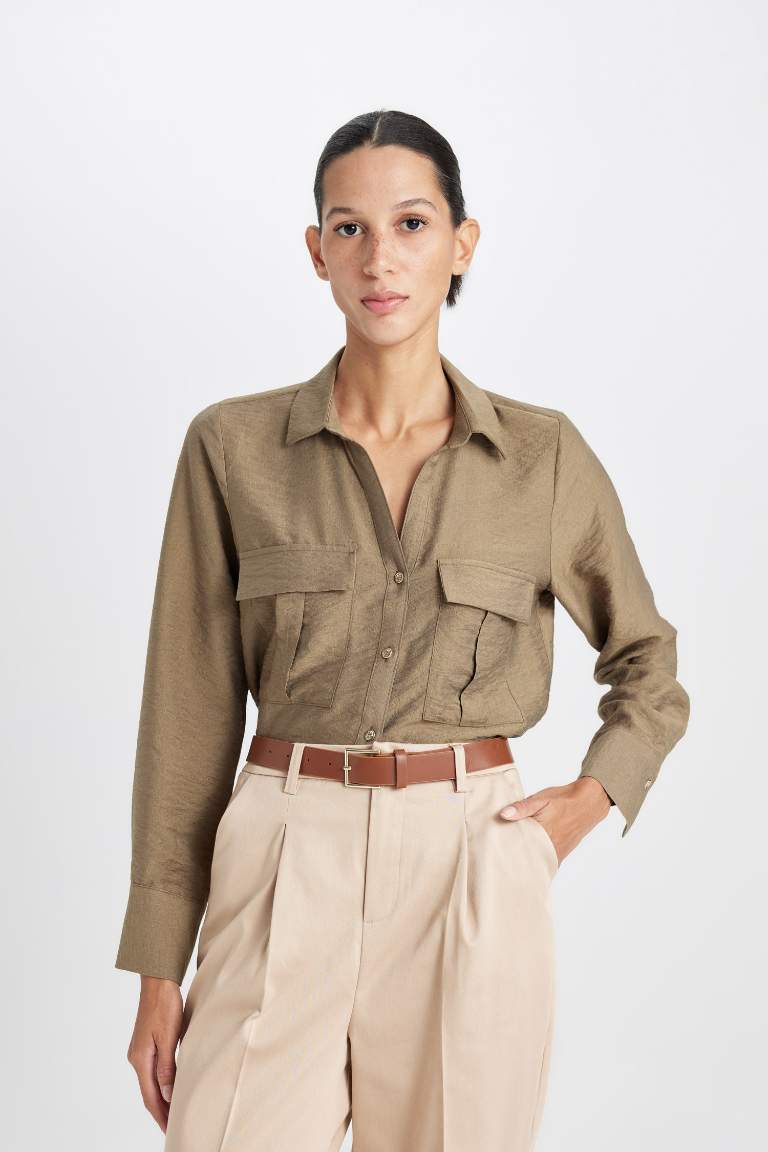 Oversize Fit Basic Double Pocket Long Sleeve Viscose Shirt