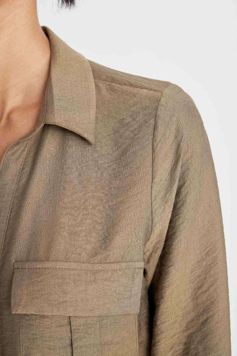 Oversize Fit Basic Double Pocket Long Sleeve Viscose Shirt