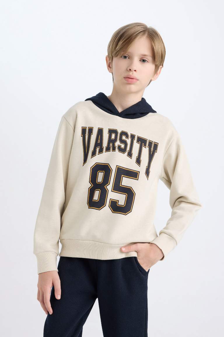 Erkek Çocuk 2'li Takım Baskılı Kapüşonlu Sweatshirt Üst Beli Lastikli Jogger Eşofman Altı