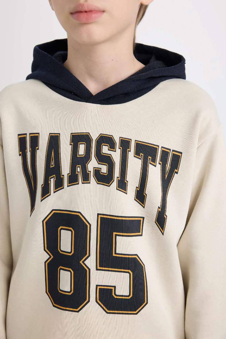 Erkek Çocuk 2'li Takım Baskılı Kapüşonlu Sweatshirt Üst Beli Lastikli Jogger Eşofman Altı
