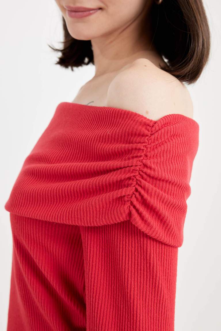 Fitted Body Fitting Open Shoulder Ribbed Camisole Red T-Shirt