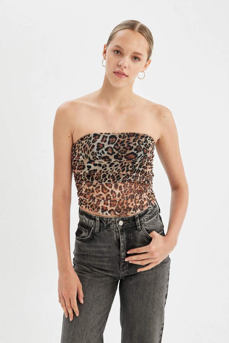 Leopard Print Strapless Tulle Blouse