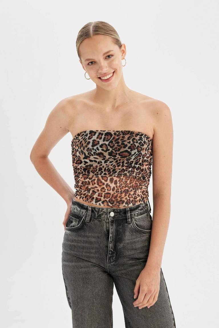 Leopard Print Strapless Tulle Blouse