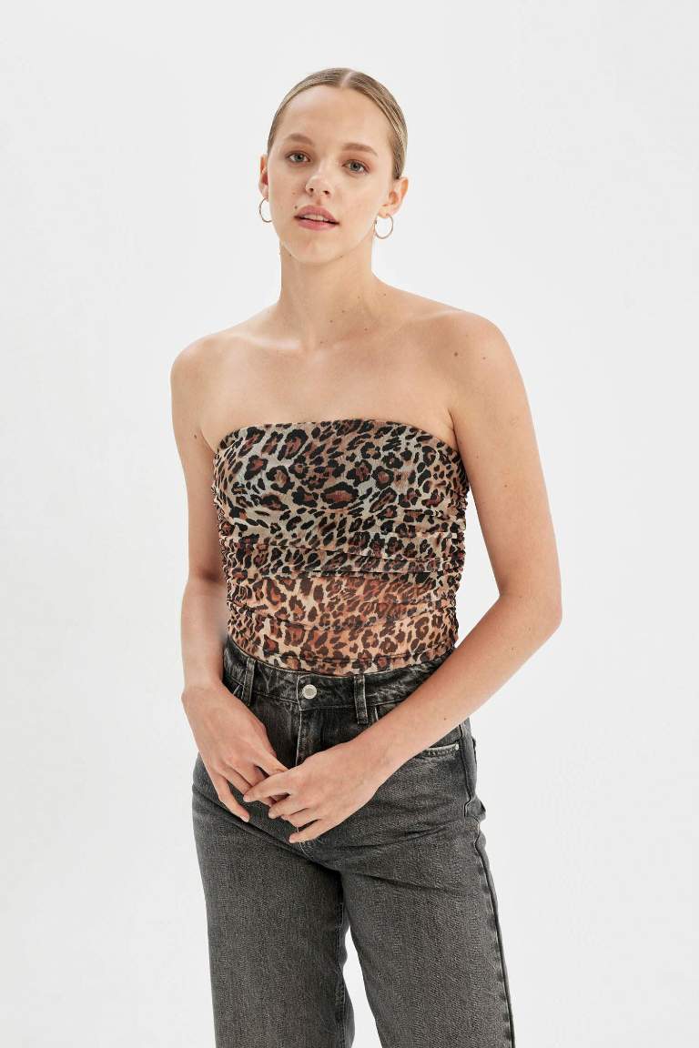 Leopard Print Strapless Tulle Blouse