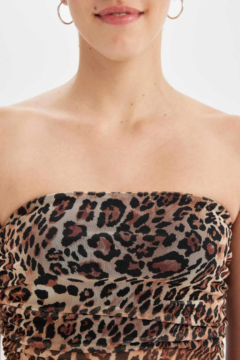 Leopard Print Strapless Tulle Blouse