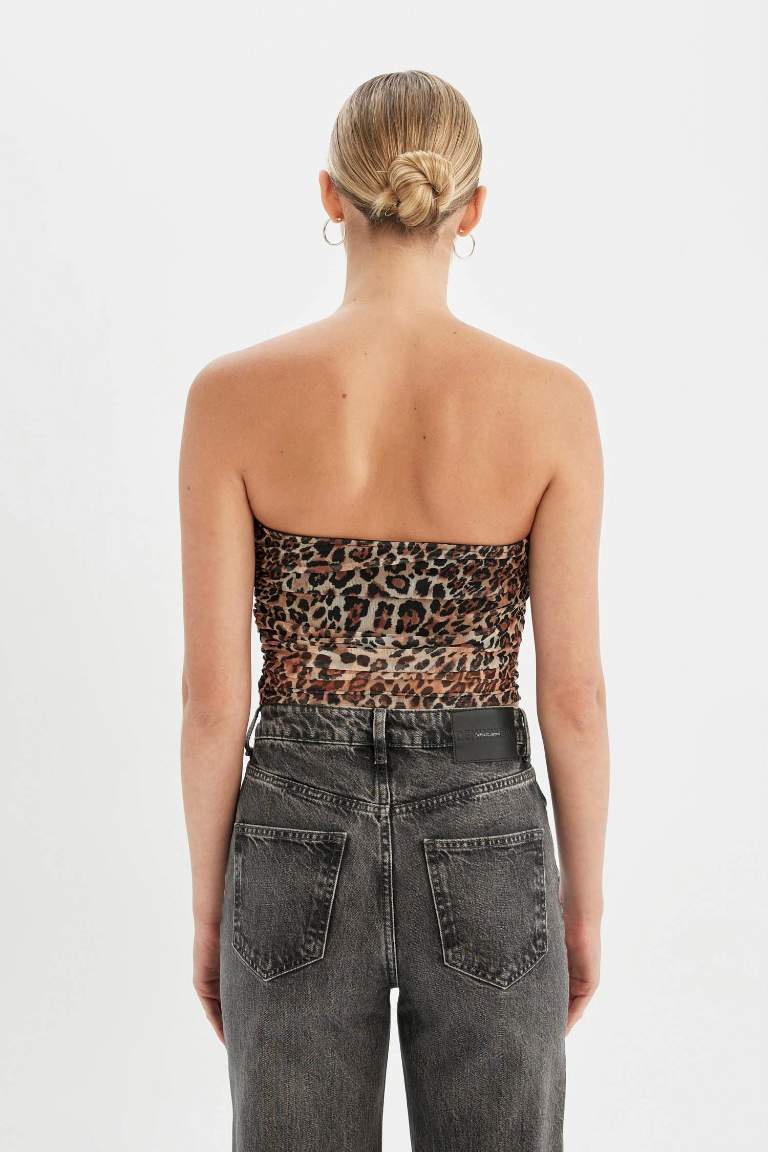 Leopard Print Strapless Tulle Blouse