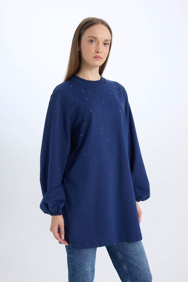 Regular Fit Balloon Sleeve Stone Detailed Sweat Tunic