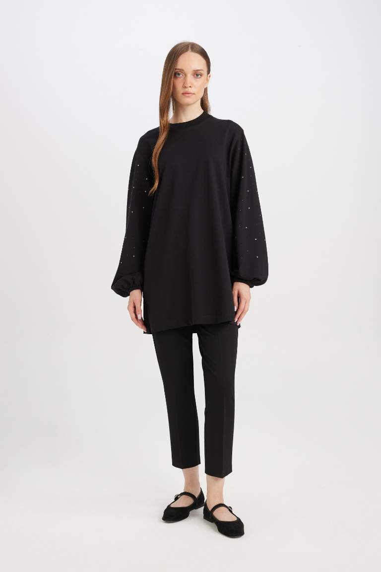 Regular Fit Stone Detailed Black Sweatshirt Tunic