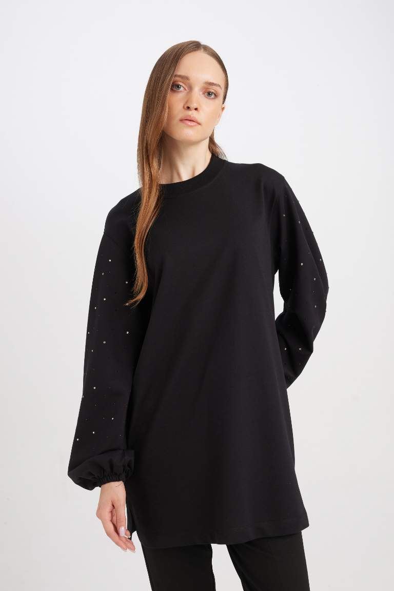 Regular Fit Stone Detailed Black Sweatshirt Tunic