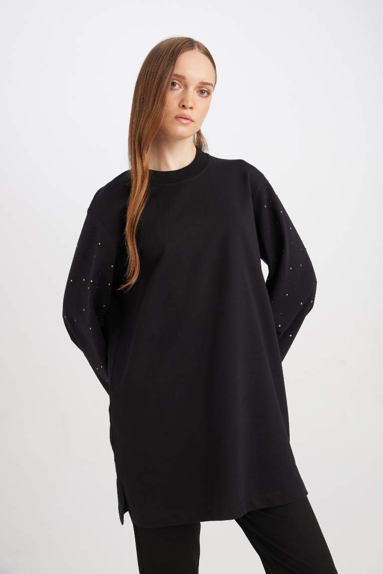 Regular Fit Stone Detailed Black Sweatshirt Tunic