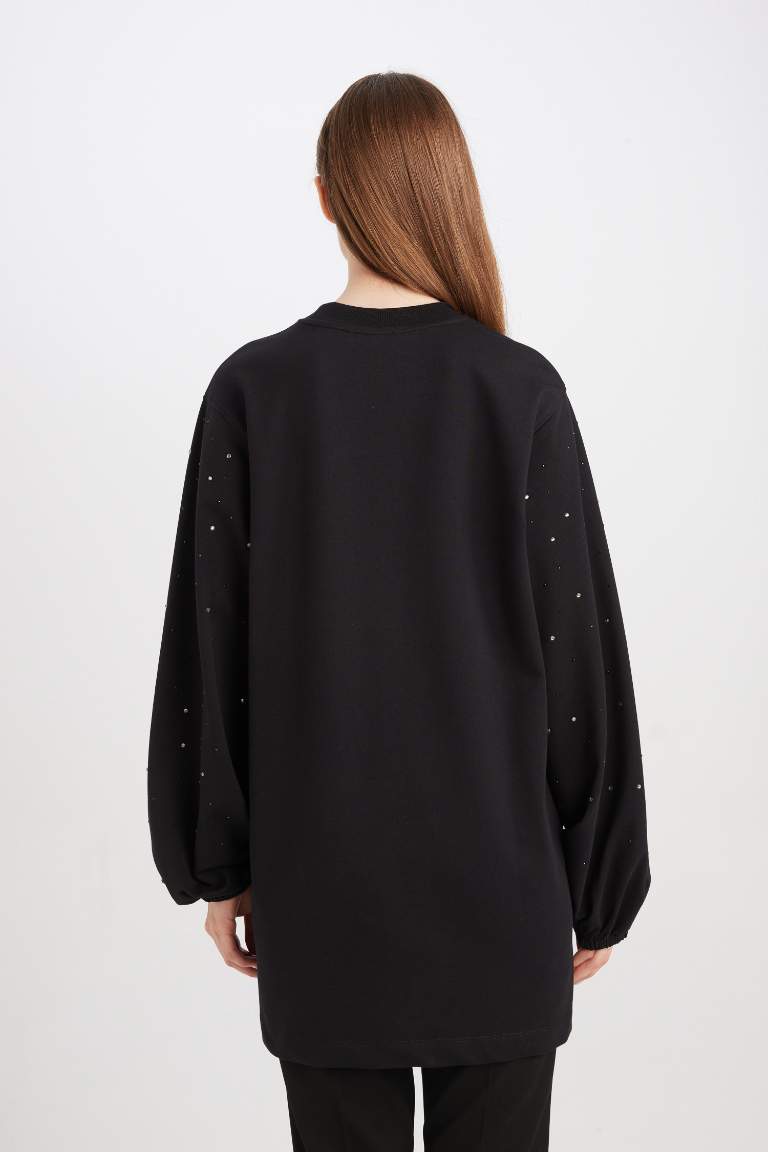 Regular Fit Stone Detailed Black Sweatshirt Tunic