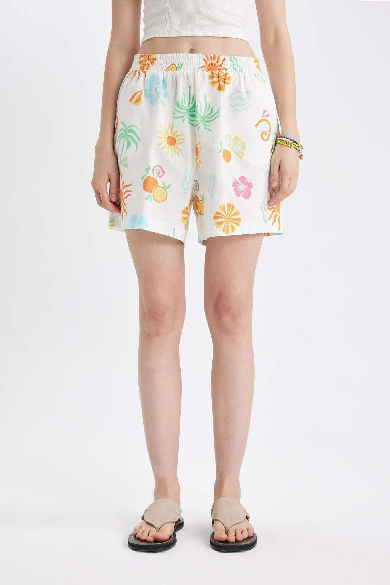 Short en coton évasé à taille régulière et à motifs