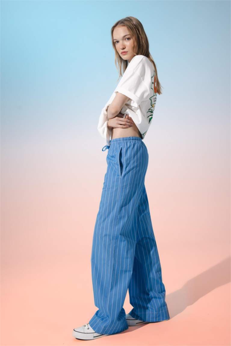 Coool Straight Fit Çizgili Normal Bel Poplin Pantolon