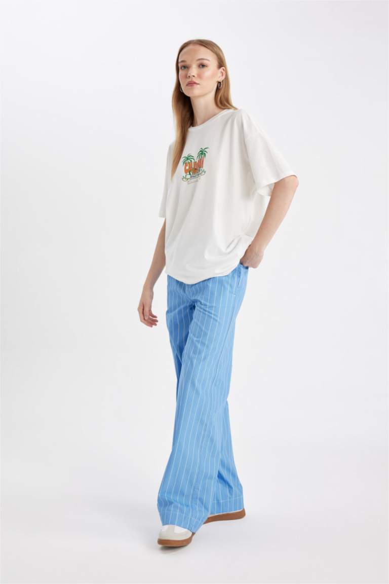 Coool Straight Fit Çizgili Normal Bel Poplin Pantolon