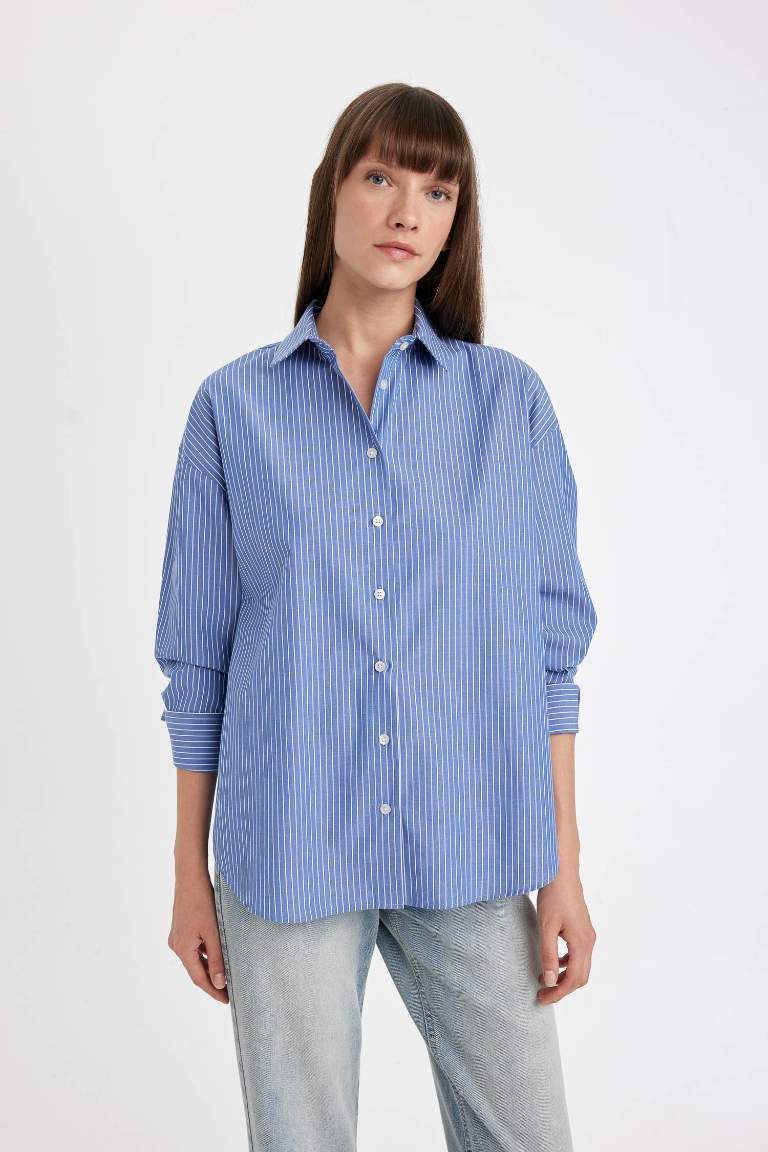 Oversize Fit Striped Buttoned Poplin Long Sleeve Shirt