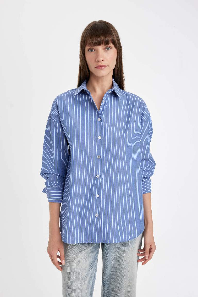 Oversize Fit Striped Buttoned Poplin Long Sleeve Shirt