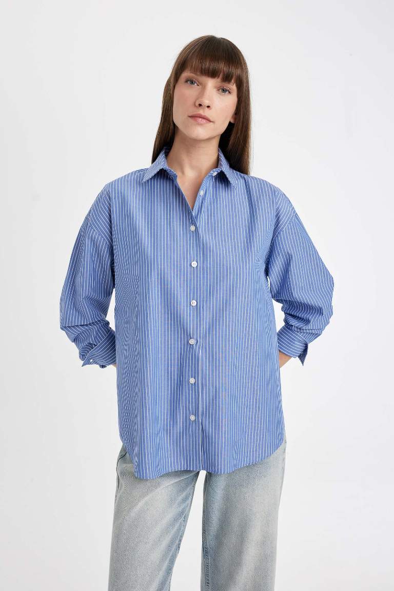 Oversize Fit Striped Buttoned Poplin Long Sleeve Shirt