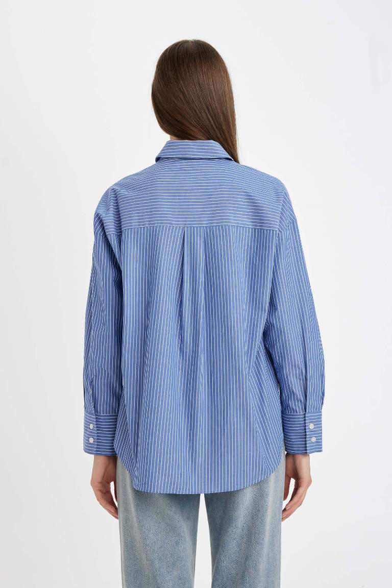 Oversize Fit Striped Buttoned Poplin Long Sleeve Shirt