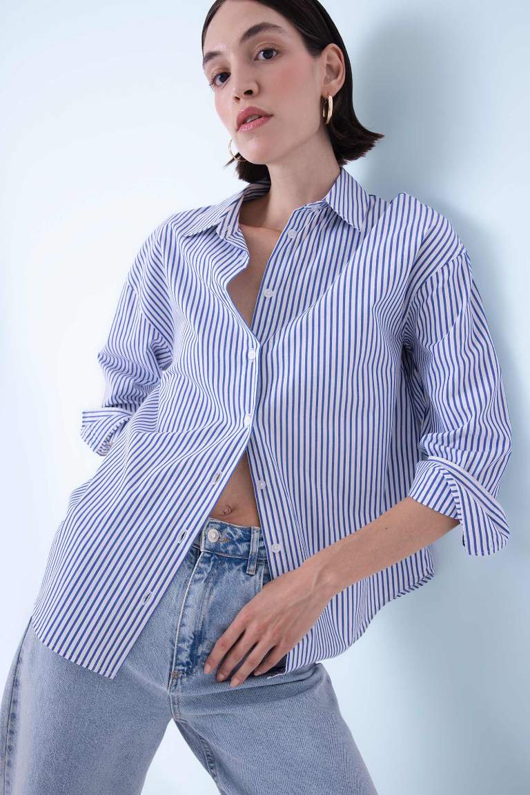 Oversize Fit Shirt Collar Poplin Long Sleeve Shirt