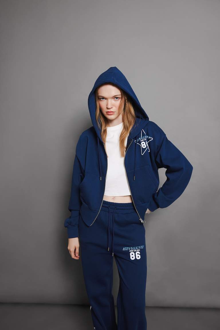 Coool Oversize Geniş Kalıp Kapüşonlu Baskılı Cepli Kalın Fermuarlı Sweatshirt