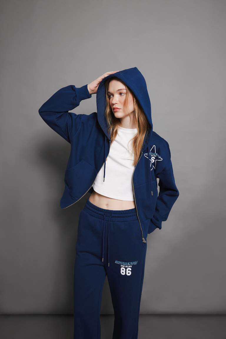 Coool Oversize Geniş Kalıp Kapüşonlu Baskılı Cepli Kalın Fermuarlı Sweatshirt