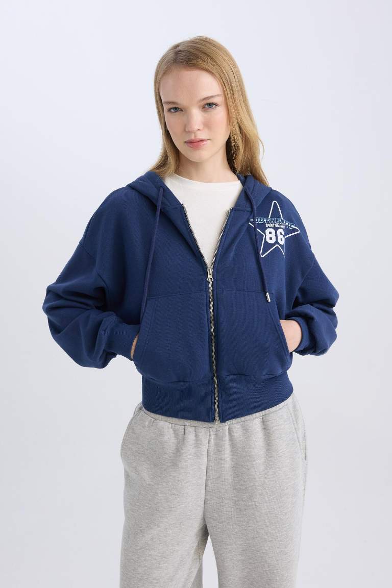 Coool Oversize Geniş Kalıp Kapüşonlu Baskılı Cepli Kalın Fermuarlı Sweatshirt