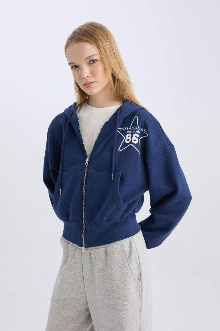 Coool Oversize Geniş Kalıp Kapüşonlu Baskılı Cepli Kalın Fermuarlı Sweatshirt