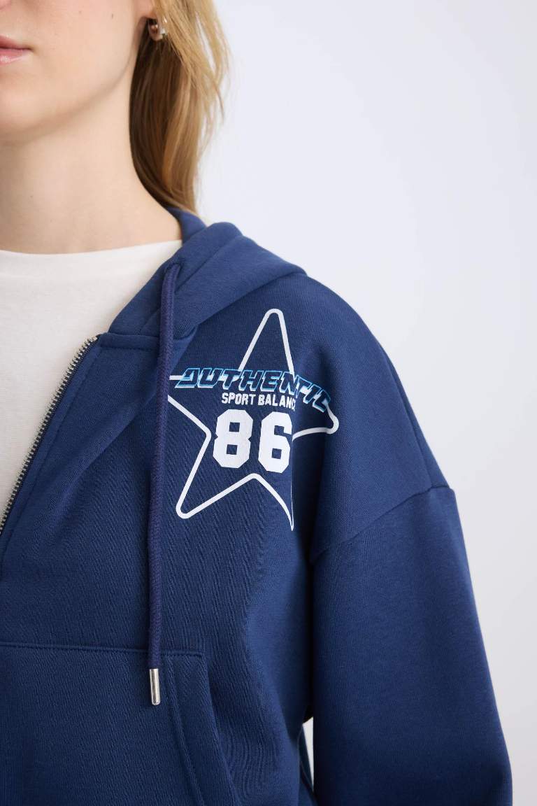 Coool Oversize Geniş Kalıp Kapüşonlu Baskılı Cepli Kalın Fermuarlı Sweatshirt