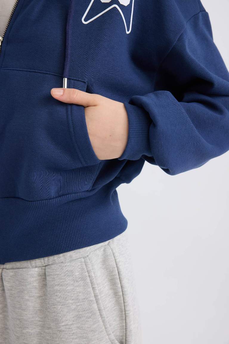 Coool Oversize Geniş Kalıp Kapüşonlu Baskılı Cepli Kalın Fermuarlı Sweatshirt