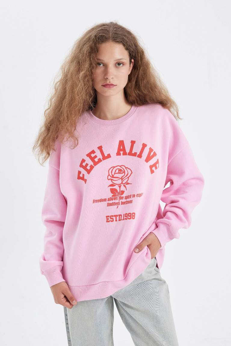 Oversize Fit Crew Neck Printed Thick Sweatshirt