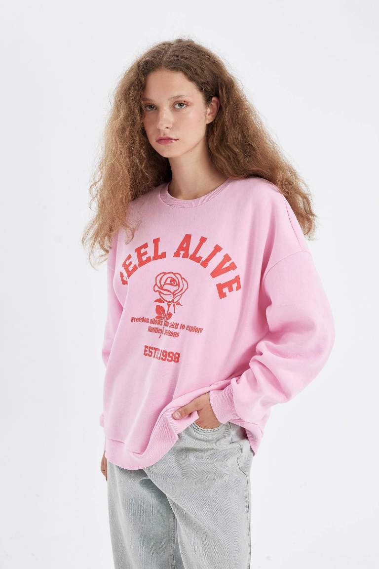 Oversize Fit Crew Neck Printed Thick Sweatshirt