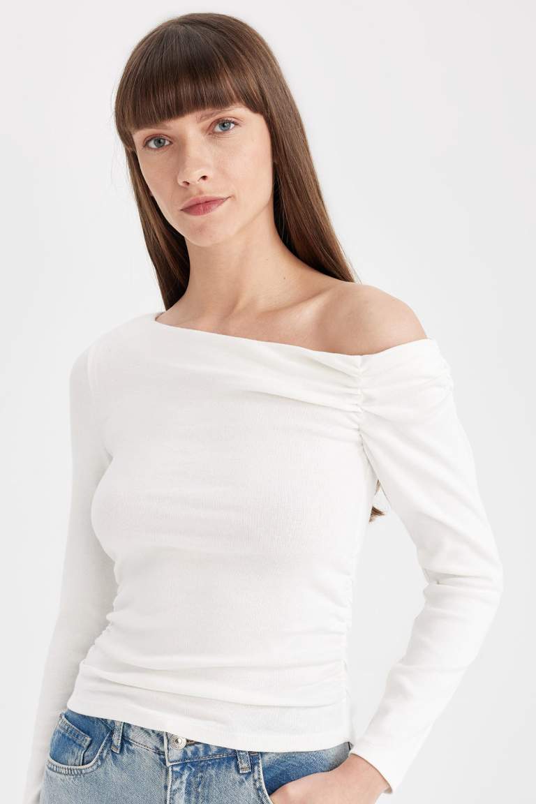 Slim Fit One Shoulder Ribbed Basic Long Sleeve T-Shirt