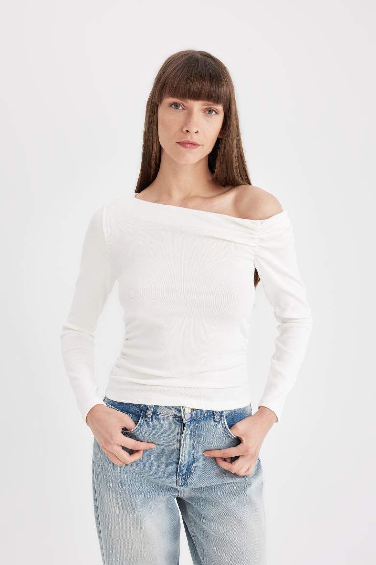 Slim Fit One Shoulder Ribbed Basic Long Sleeve T-Shirt