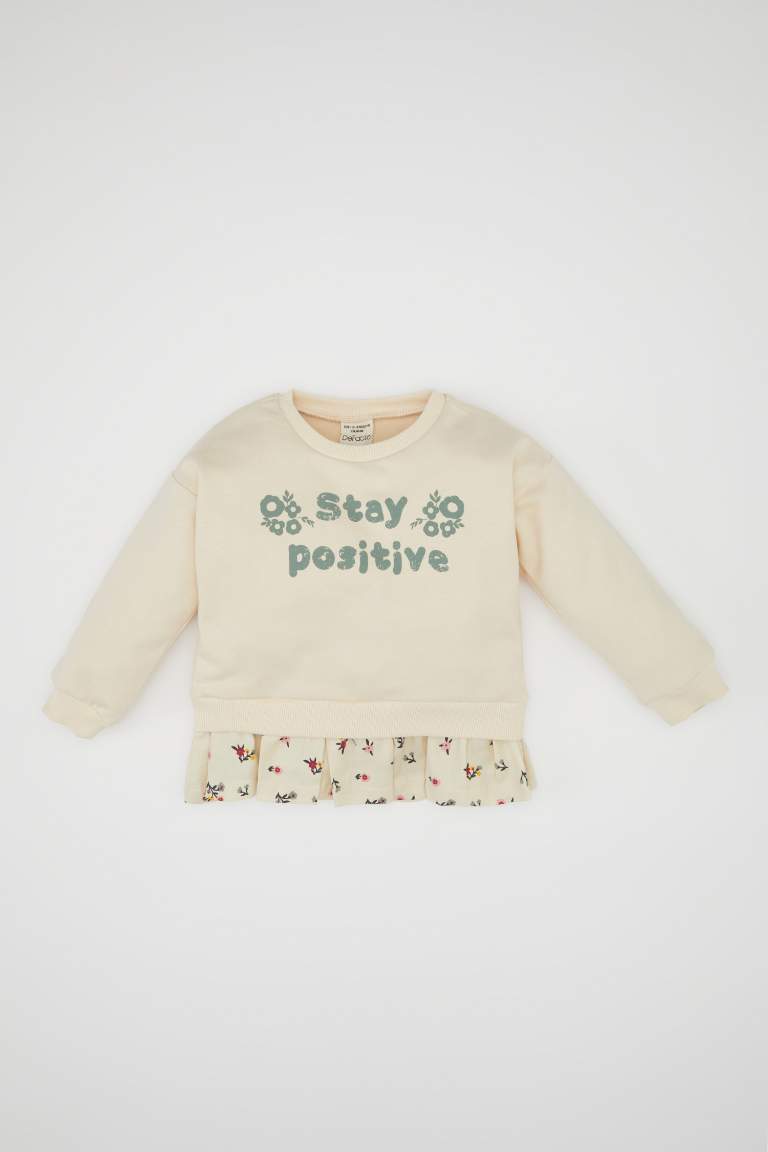 Sweat-shirt imprimé à col rond avec intérieur doux pour bébé Fille