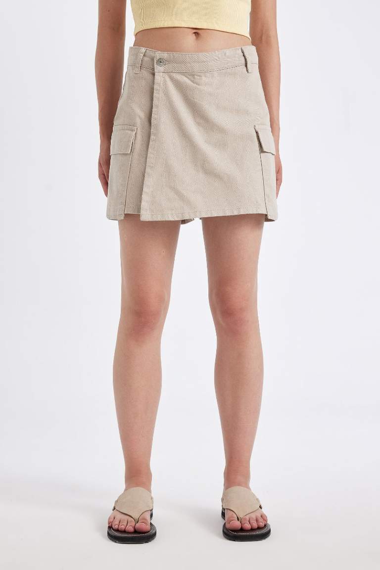 Regular Fit Normal Bel Kargo Cepli Gabardin Şort Etek