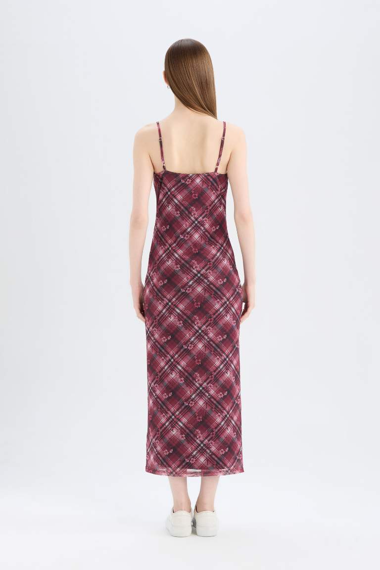 Bodycon Plaid Tulle Strappy Maxi Dress