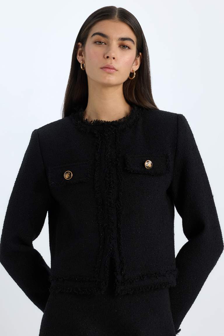 Crew Neck Tweed Crop Blazer Jacket