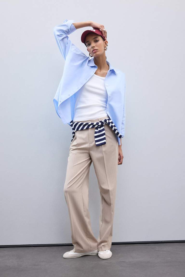 Wide Leg Kumaş Palazzo Pantolon Çift Cepli Normal Bel Standart Boy