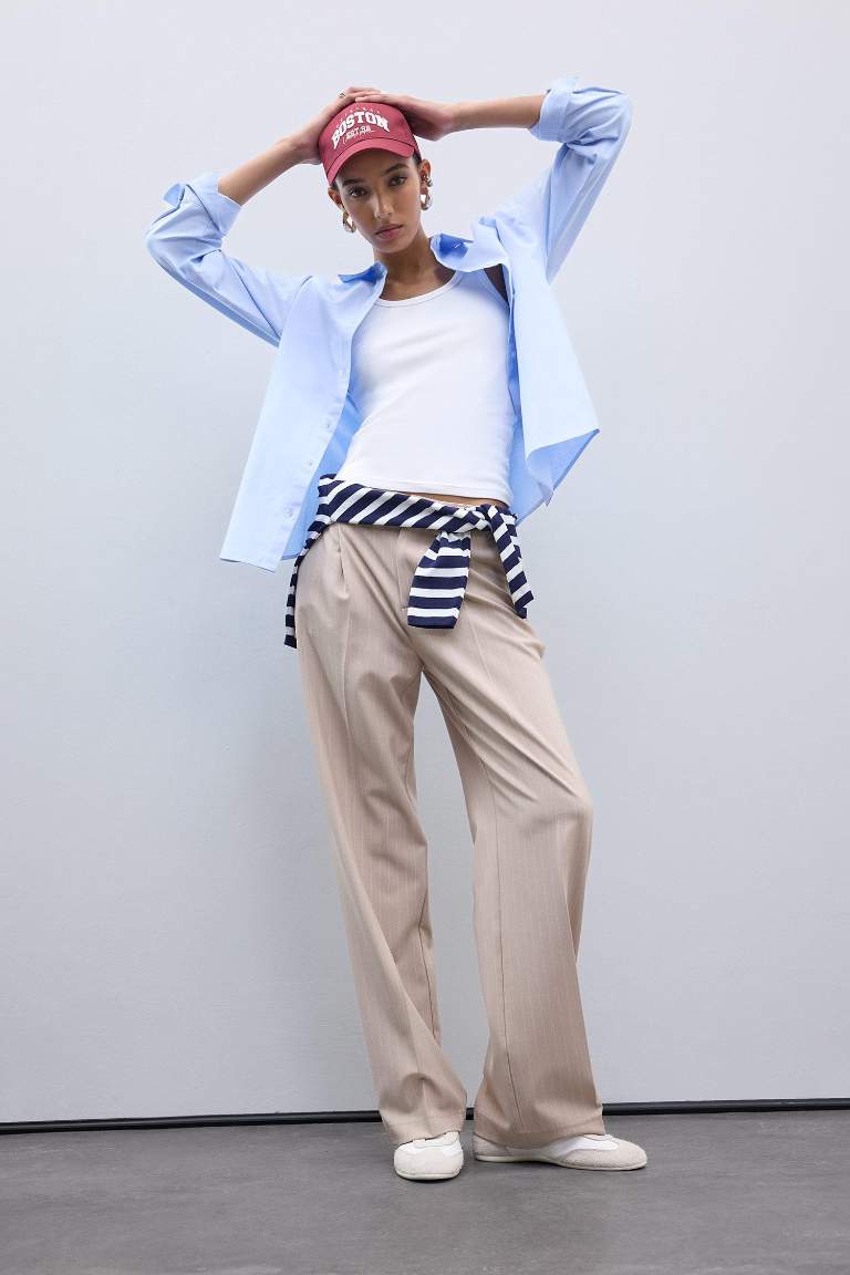 Wide Leg Kumaş Palazzo Pantolon Çift Cepli Normal Bel Standart Boy