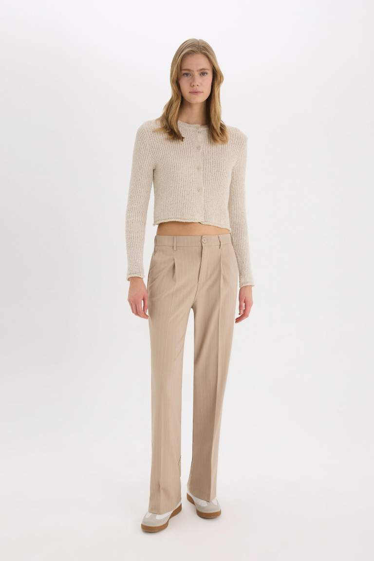 Wide Leg Kumaş Palazzo Pantolon Çift Cepli Normal Bel Standart Boy