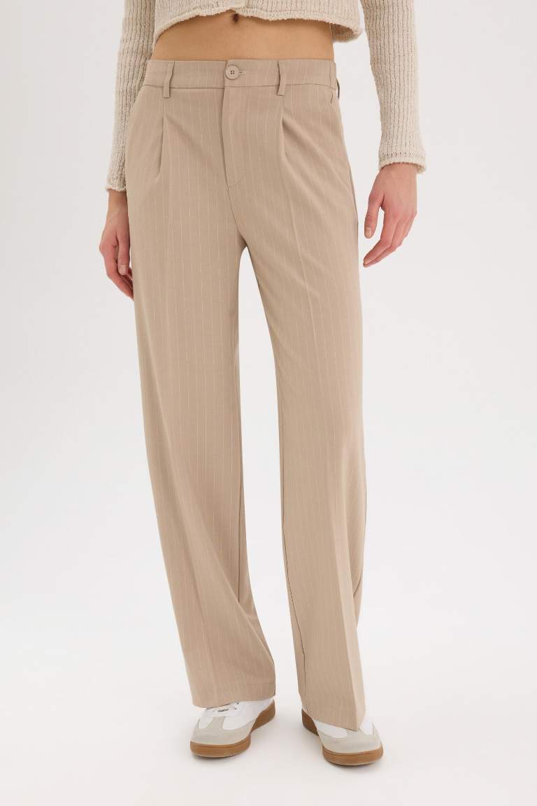 Wide Leg Kumaş Palazzo Pantolon Çift Cepli Normal Bel Standart Boy