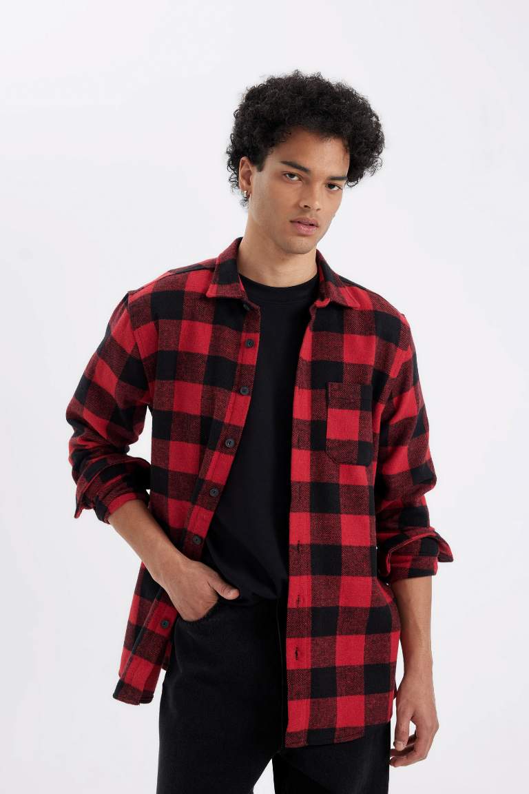 Regular Fit Polo Yaka Kareli Oduncu Flanel Uzun Kollu Gömlek