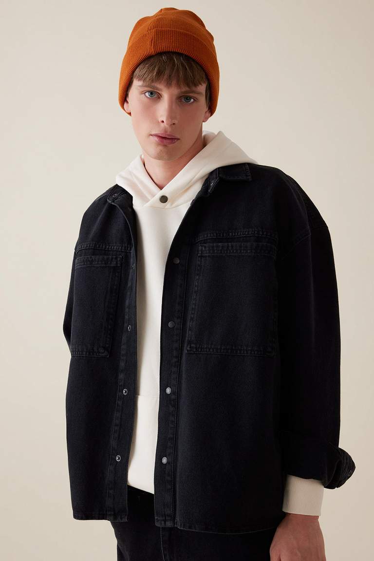 Oversize Fit Polo Neck Jean Basic Black Shirt