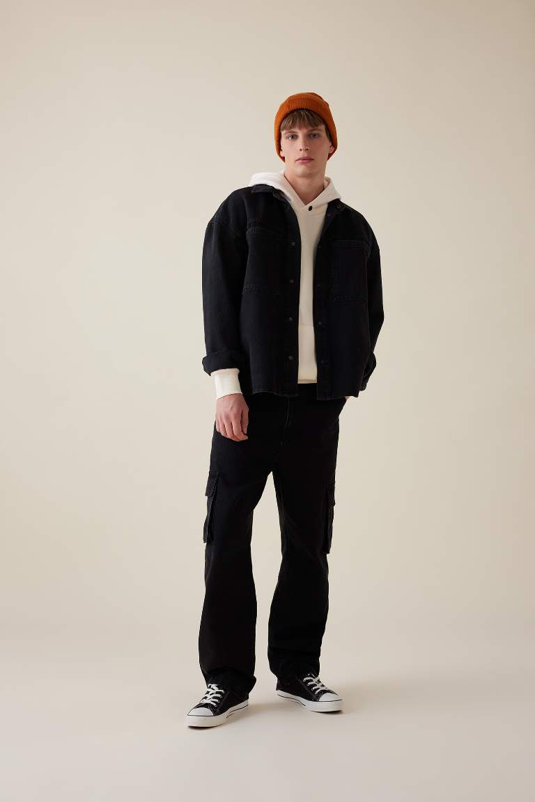 Oversize Fit Polo Neck Jean Basic Black Shirt