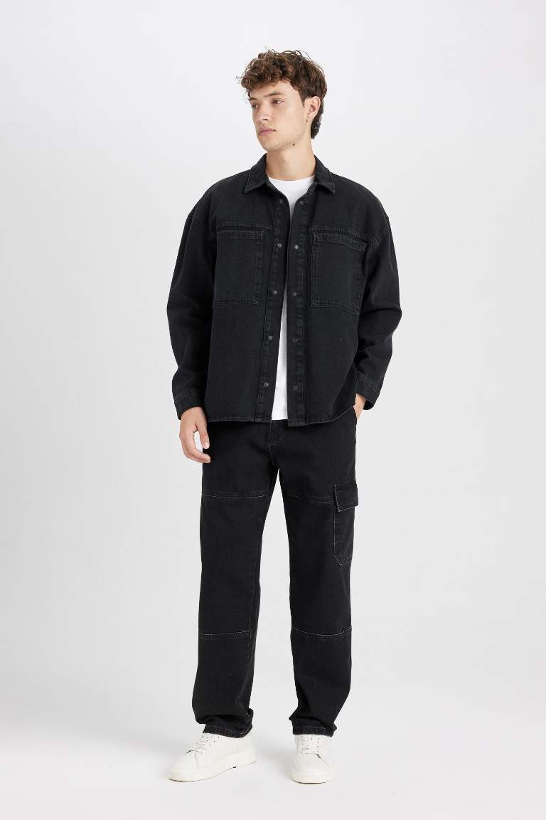 Oversize Fit Polo Neck Jean Basic Black Shirt