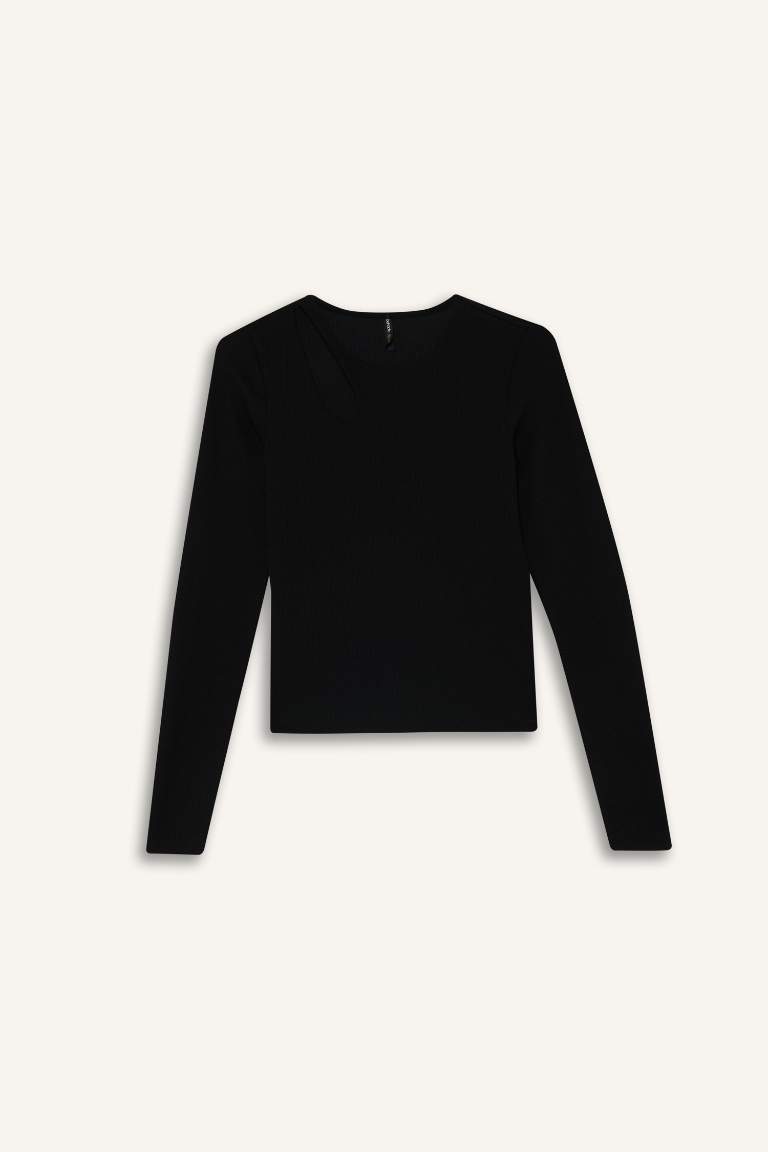 Slim Fit Dar Kesim Bisiklet Yaka Basic Düz Simli Kumaş Uzun Kollu Tişört