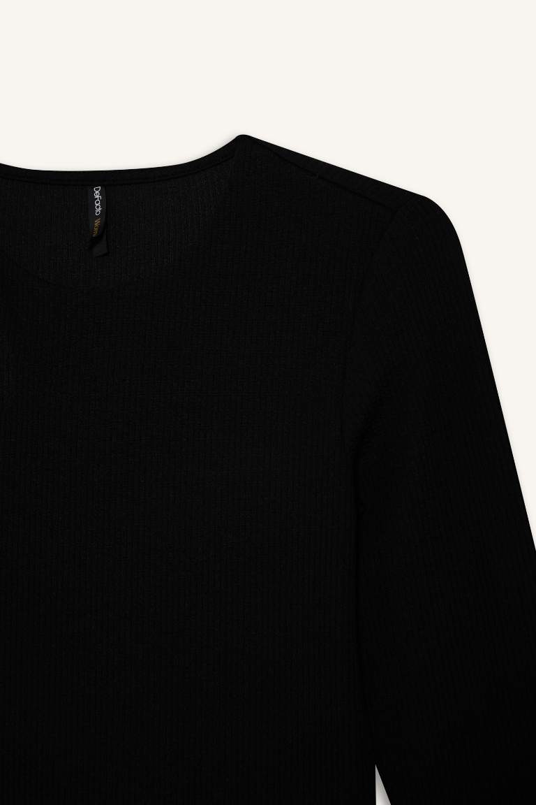Slim Fit Dar Kesim Bisiklet Yaka Basic Düz Simli Kumaş Uzun Kollu Tişört