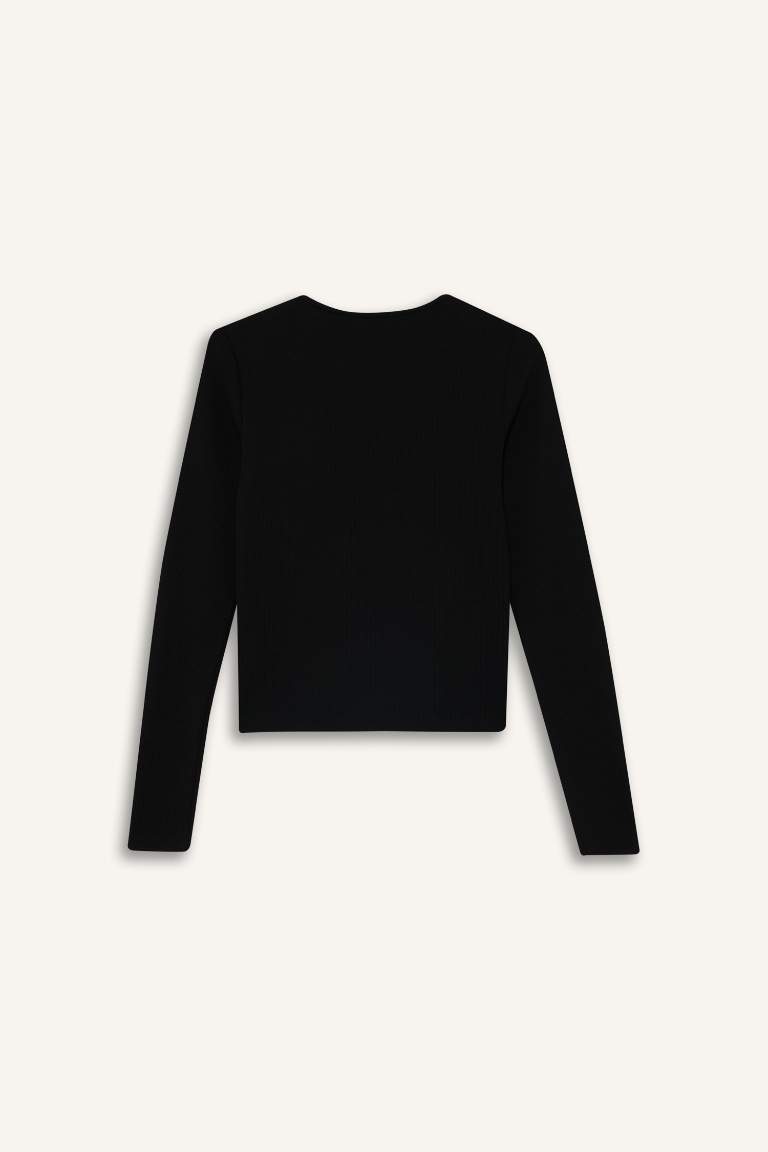 Slim Fit Dar Kesim Bisiklet Yaka Basic Düz Simli Kumaş Uzun Kollu Tişört