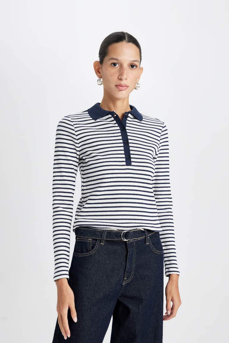 Slim Fit Polo Neck Buttoned Striped T-Shirt