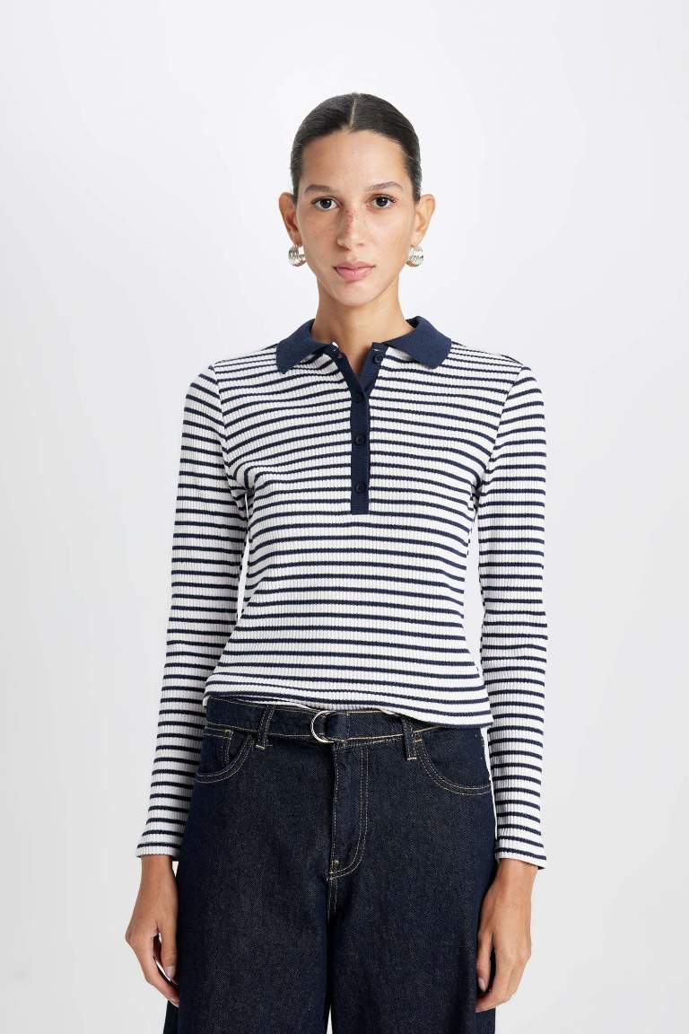 Slim Fit Polo Neck Buttoned Striped T-Shirt